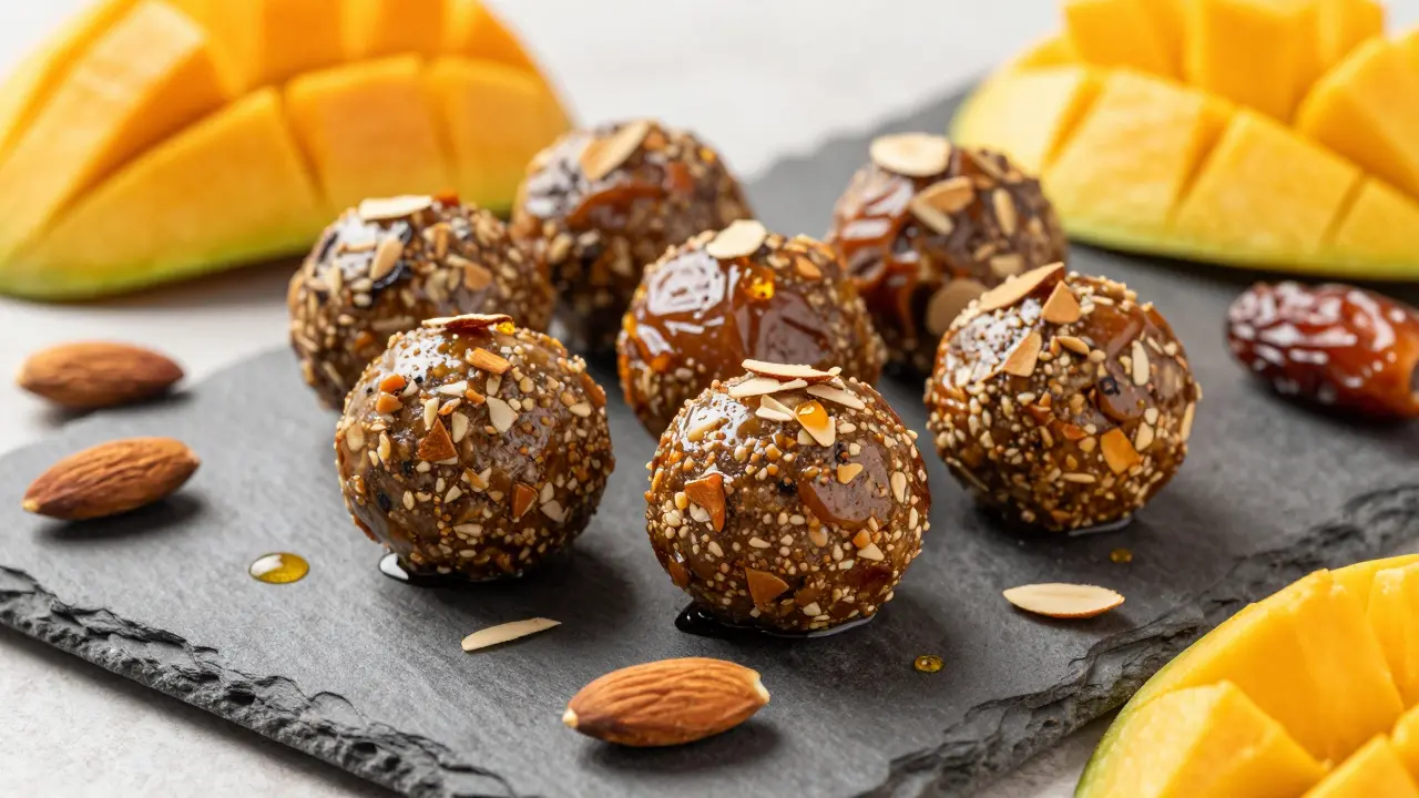 Sativa-Energiebällchen aus Datteln und Mandeln mit getrockneter Mango auf Schiefer.
