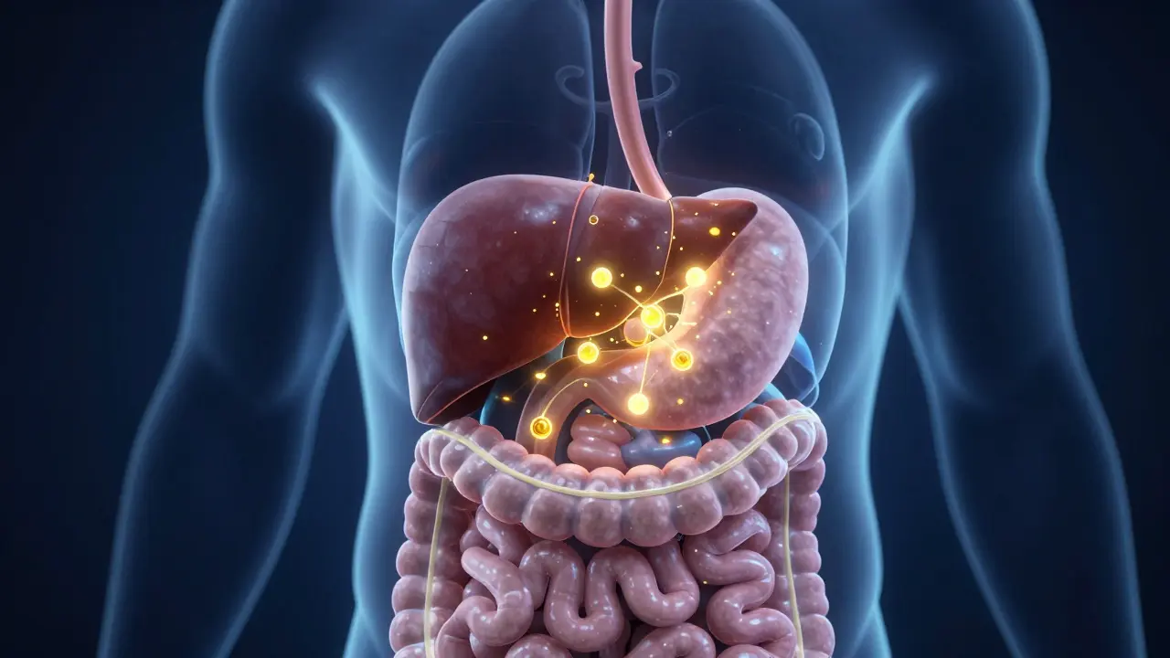 Stilisierte Darstellung von CBD-Molekülen, die durch die Leber wandern.