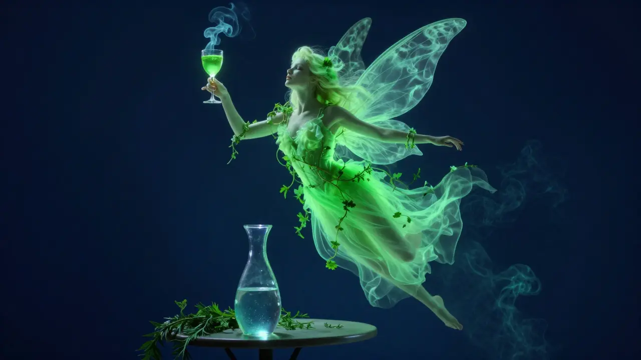 Surreale Darstellung der Grünen Fee als grüner Geist neben einem Absinthglas.