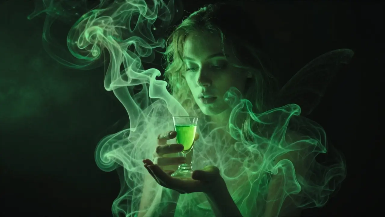 Surreale Darstellung der Grünen Fee als grüner Rauch um ein Absinth-Glas.