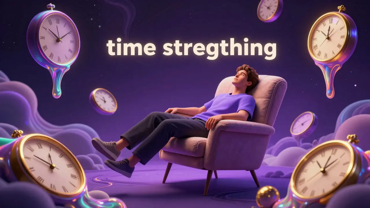 Surreale Illustration einer Person in tiefer Entspannung mit schwebenden Elementen.