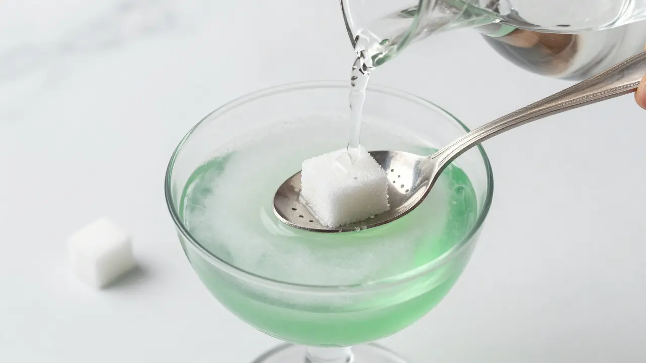Traditionelle Absinth-Zubereitung mit Zuckerwürfel und Wasserglas.