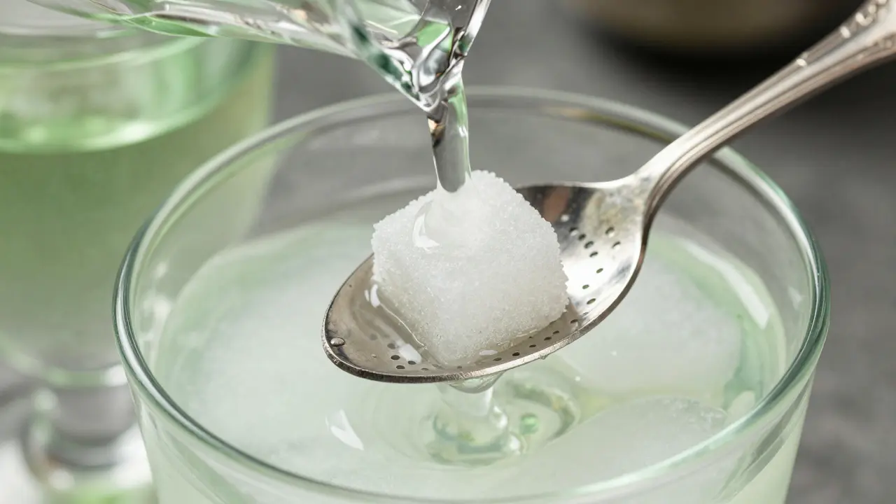 Traditionelles Absinth-Ritual mit Zuckerwürfel, Löffel und Wasserglas.