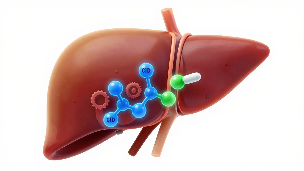 3D-Illustration der Leber mit interagierenden CBD- und Paracetamol-Molekülen