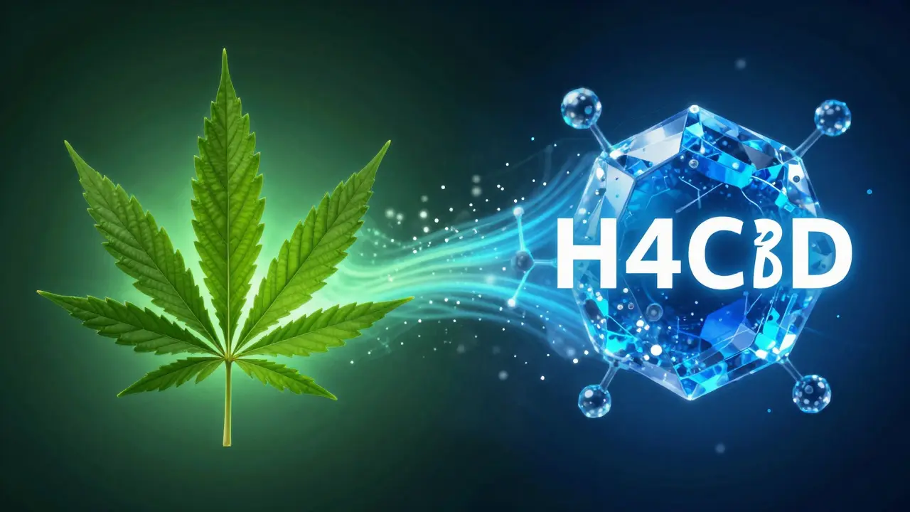 Abstrakte Darstellung der Umwandlung von CBD in synthetisches H4CBD
