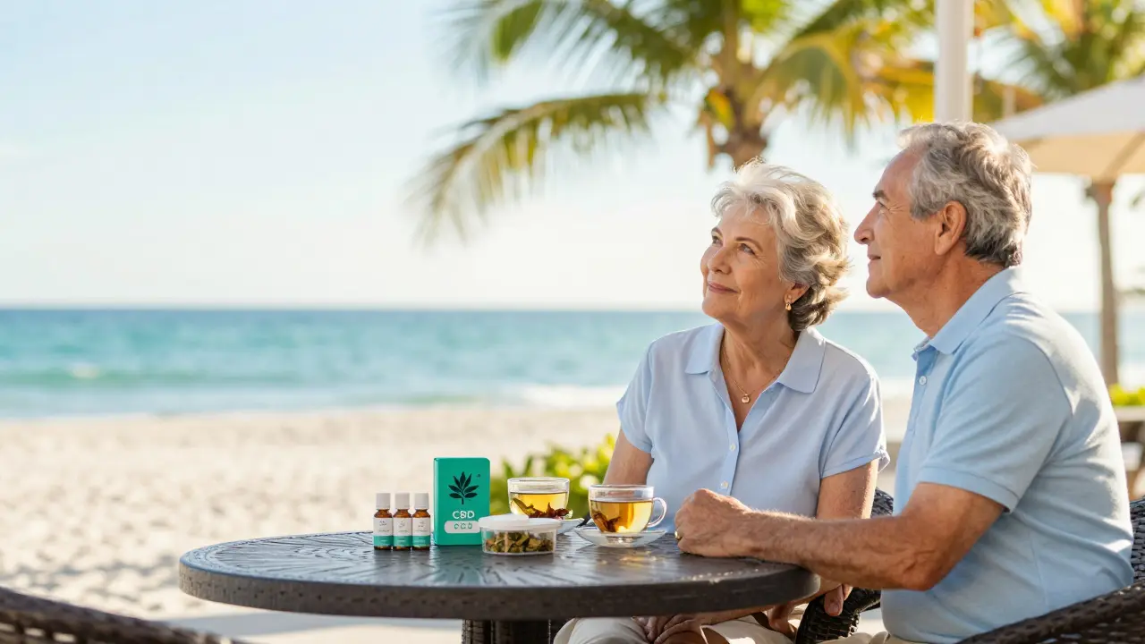 Älteres Paar entspannt sich mit CBD an einem Strand in Florida