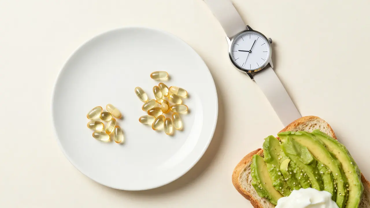 CBD-Kapseln neben Uhr und Frühstück zur Dosierungsplanung