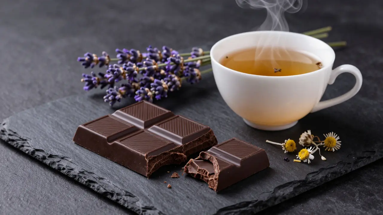 Dunkle Schokolade mit Kräutertee und Lavendel für Entspannung