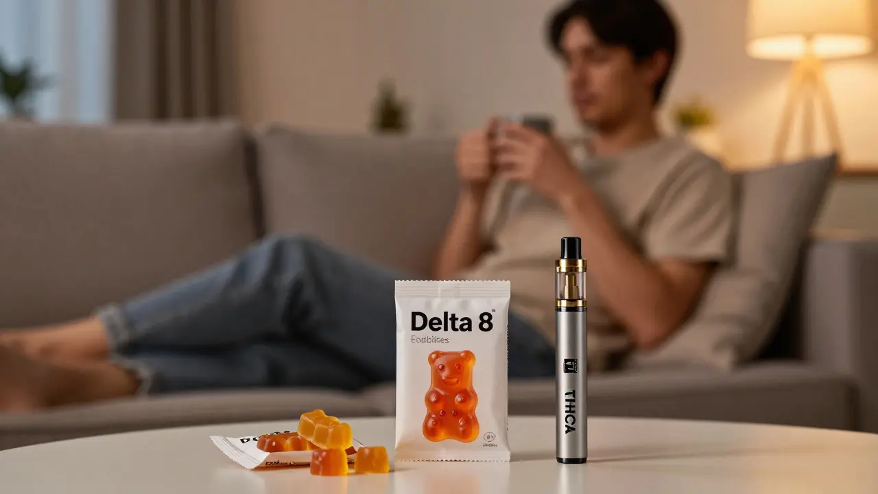 Entspannte Person im Wohnzimmer mit Cannabinoid-Produkten im Vordergrund