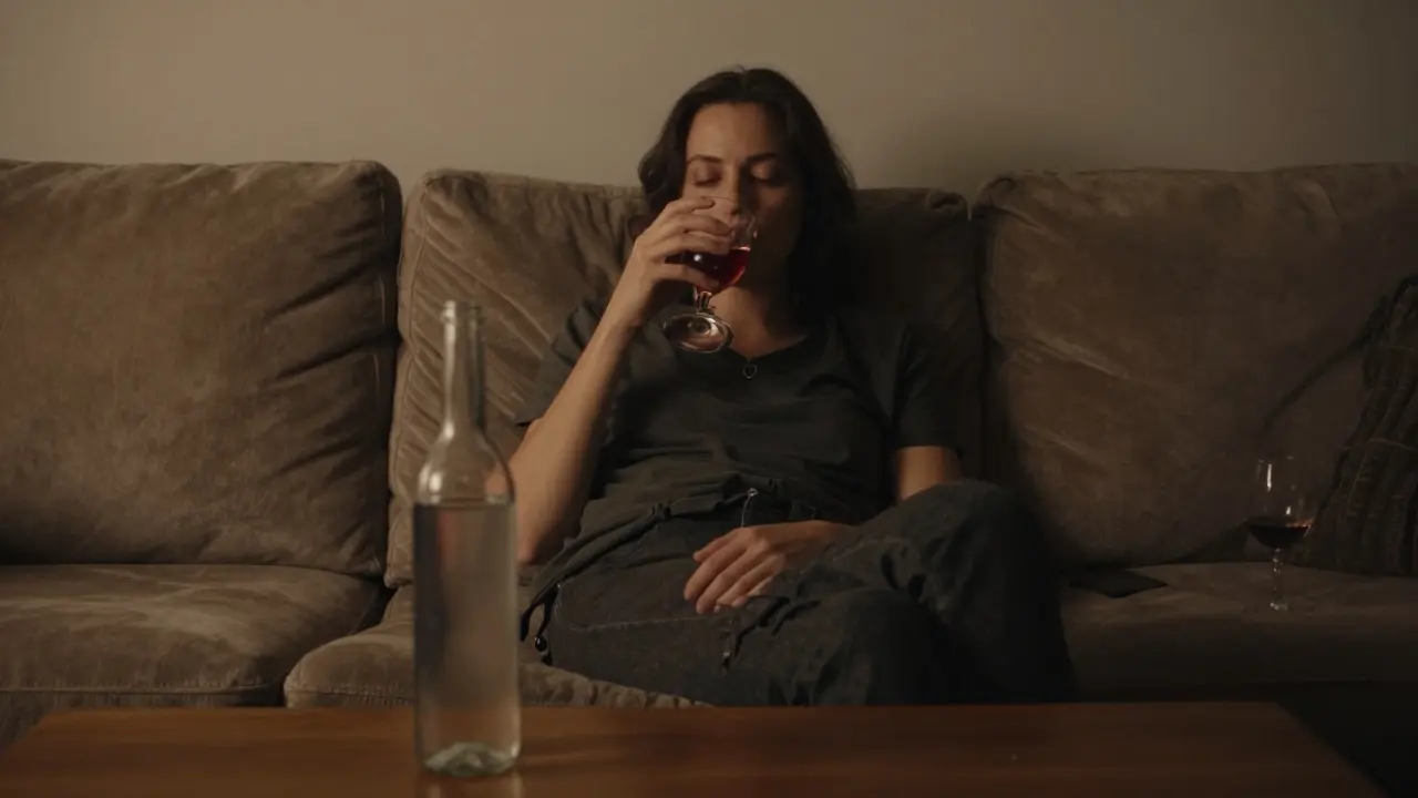 Entspannte Person mit Wein und Wasserflasche auf dem Sofa am Abend