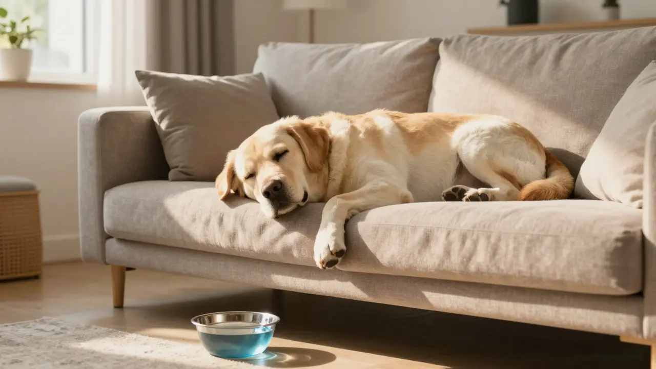 Entspannter Hund auf der Couch bei Sonnenlicht