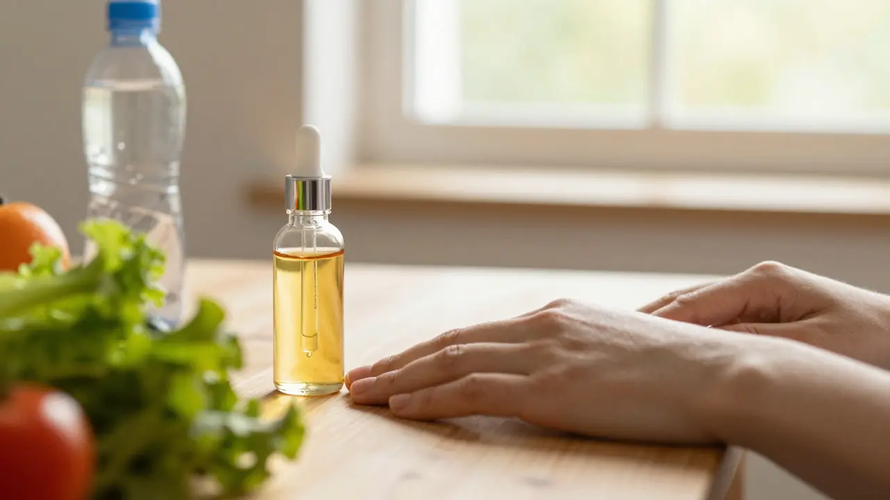 Flasche CBD-Öl und ruhige Hand zur Darstellung sicherer Alternativen