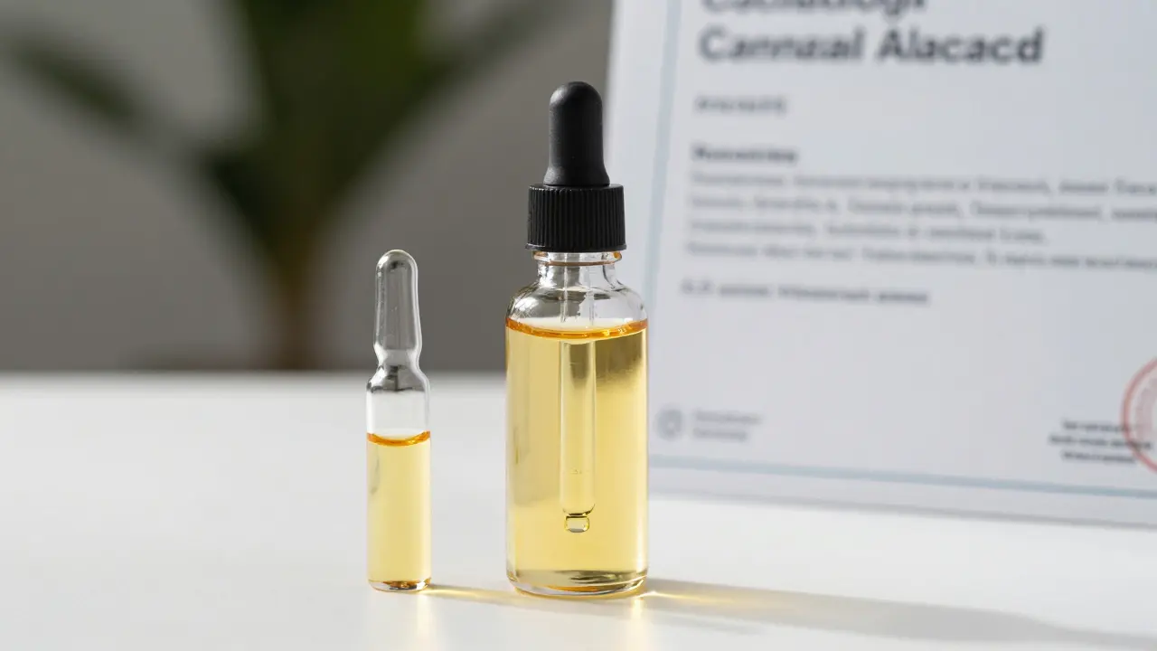 Flasche mit Cannabinoid-Öl neben einem Labortest-Zertifikat für Qualitätssicherung