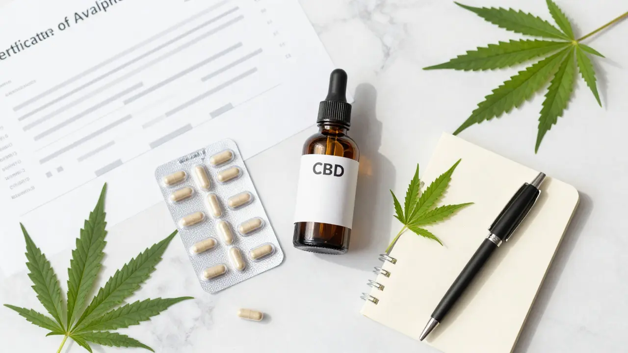 Flatlay von CBD-Produkten, Öl und Kapseln mit Qualitätszertifikat