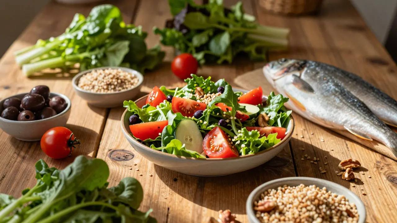 Frische mediterrane Lebensmittel wie Gemüse, Nüsse und Fisch auf Holztisch