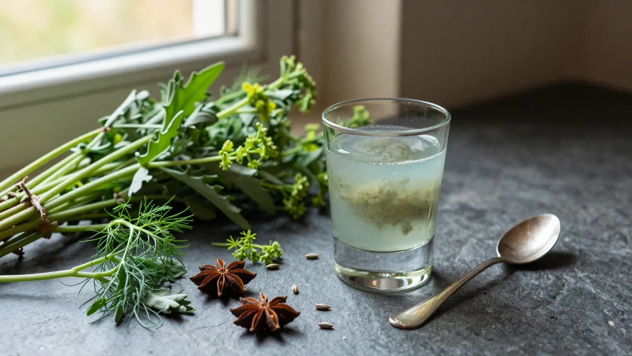 Frische Wermut- und Fenchelpflanzen neben einem zubereiteten Absinth