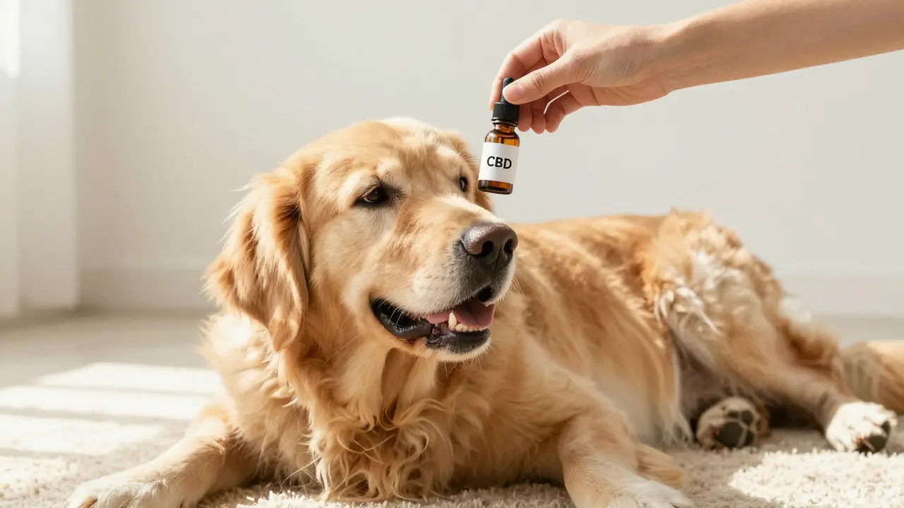 Hand gibt CBD-Tropfen an ruhigen Hund