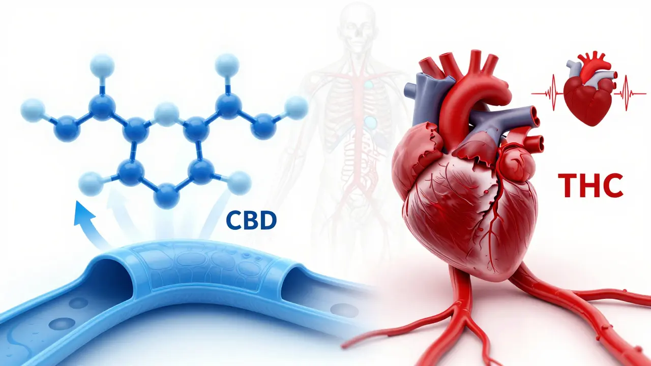 Illustration: CBD erweitert Gefäße, THC verengt sie und erhöht Puls