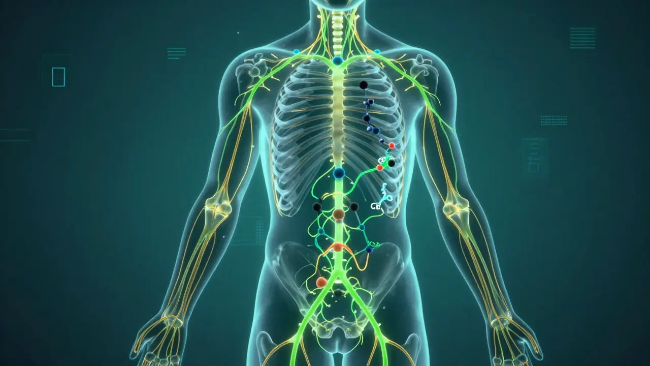 Illustration des Endocannabinoid-Systems im menschlichen Körper mit CBD-Molekülen