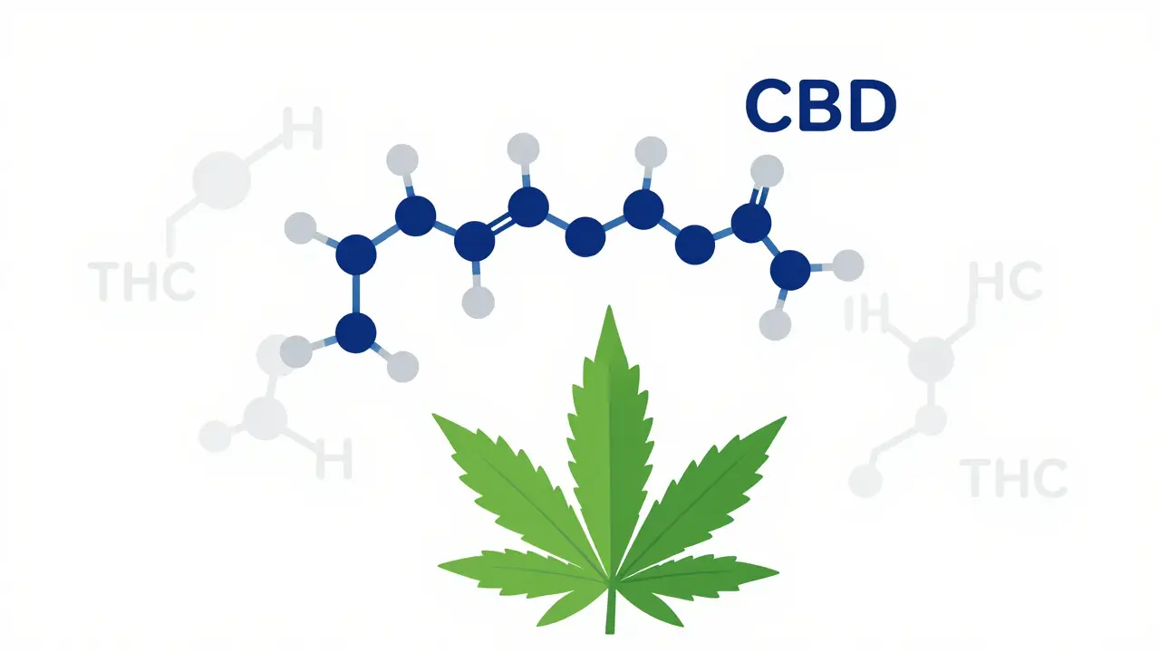 Illustration von CBD-Molekülen im Vergleich zur natürlichen Hanfpflanze