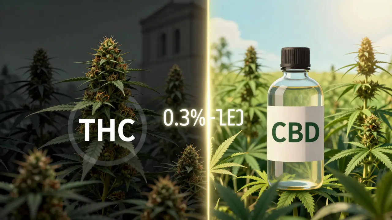 Konzeptionelle Darstellung der rechtlichen Grenze zwischen THC und CBD in Deutschland