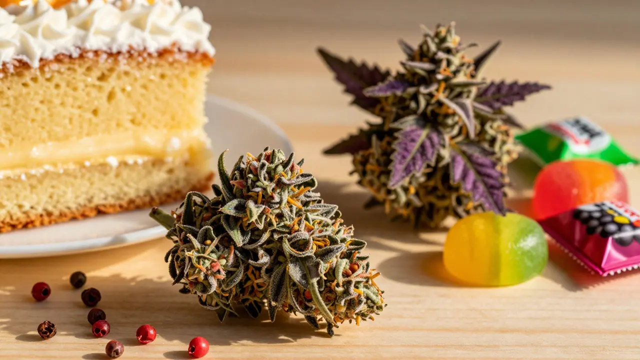 Kulinarische Metaphern für Vanille-Kuchen- und Bonbon-Aromen neben Pflanzen.