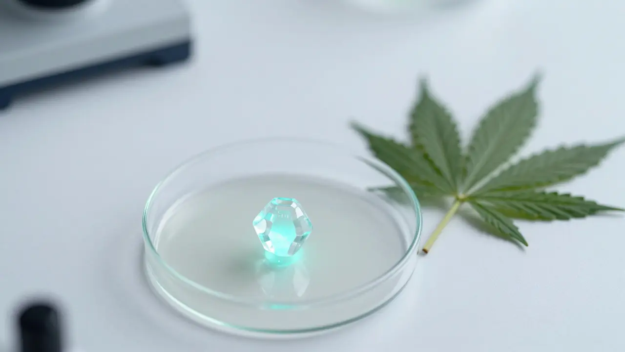 Laboraufnahme mit glühendem THCV-Molekül-Kristall neben einer Cannabis-Pflanze.