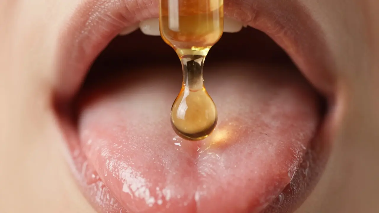 Makroaufnahme von CBD-Öltröpfchen über der Zunge zur sublingualen Aufnahme