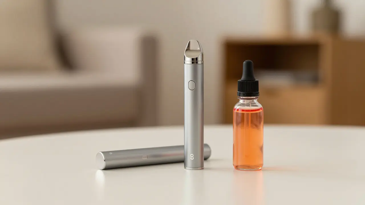 Moderner Vape-Pen neben einer Flasche farbiger CBD-E-Liquid in entspannter Umgebung.
