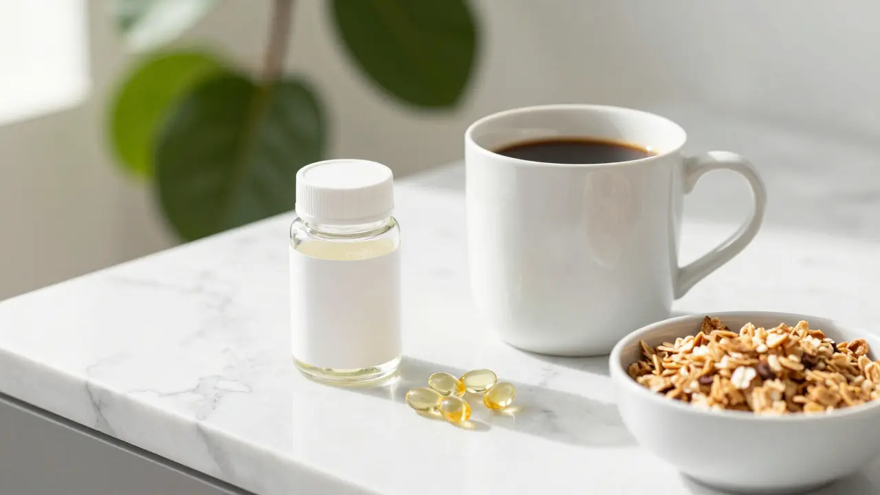 Morgenszene mit Kaffee, CBD-Kapseln und Granola auf Marmor
