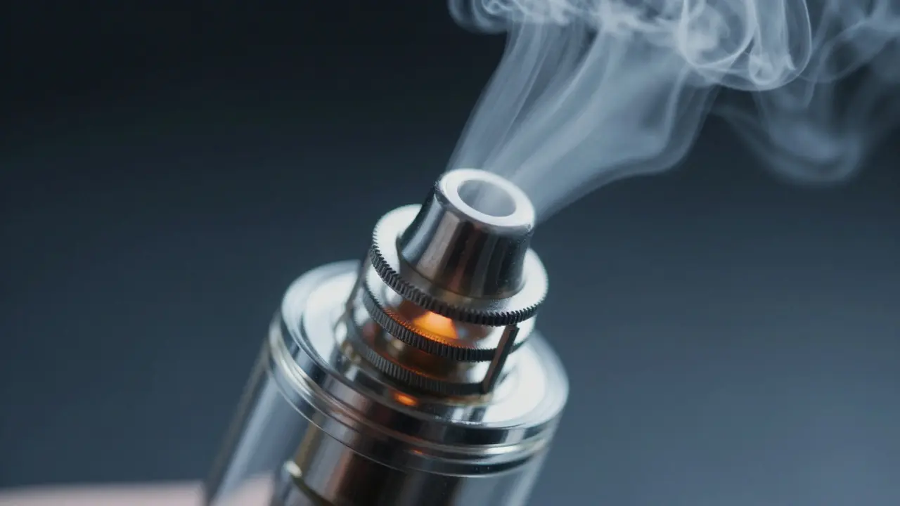 Nahaufnahme eines erhitzten Vape-Coils mit aufsteigendem Aerosol