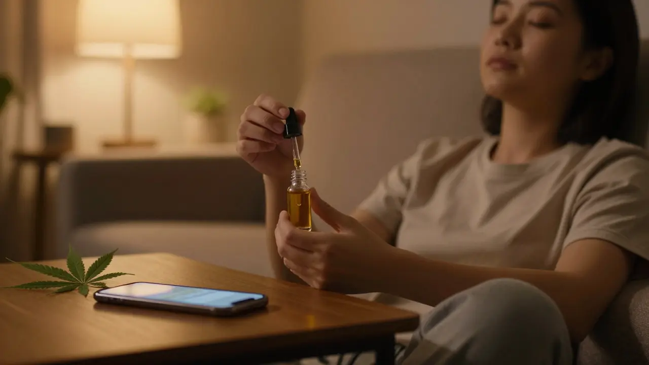 Person entspannt auf Sofa mit Cannabinoid-Ölflasche bei gedimmtem Licht