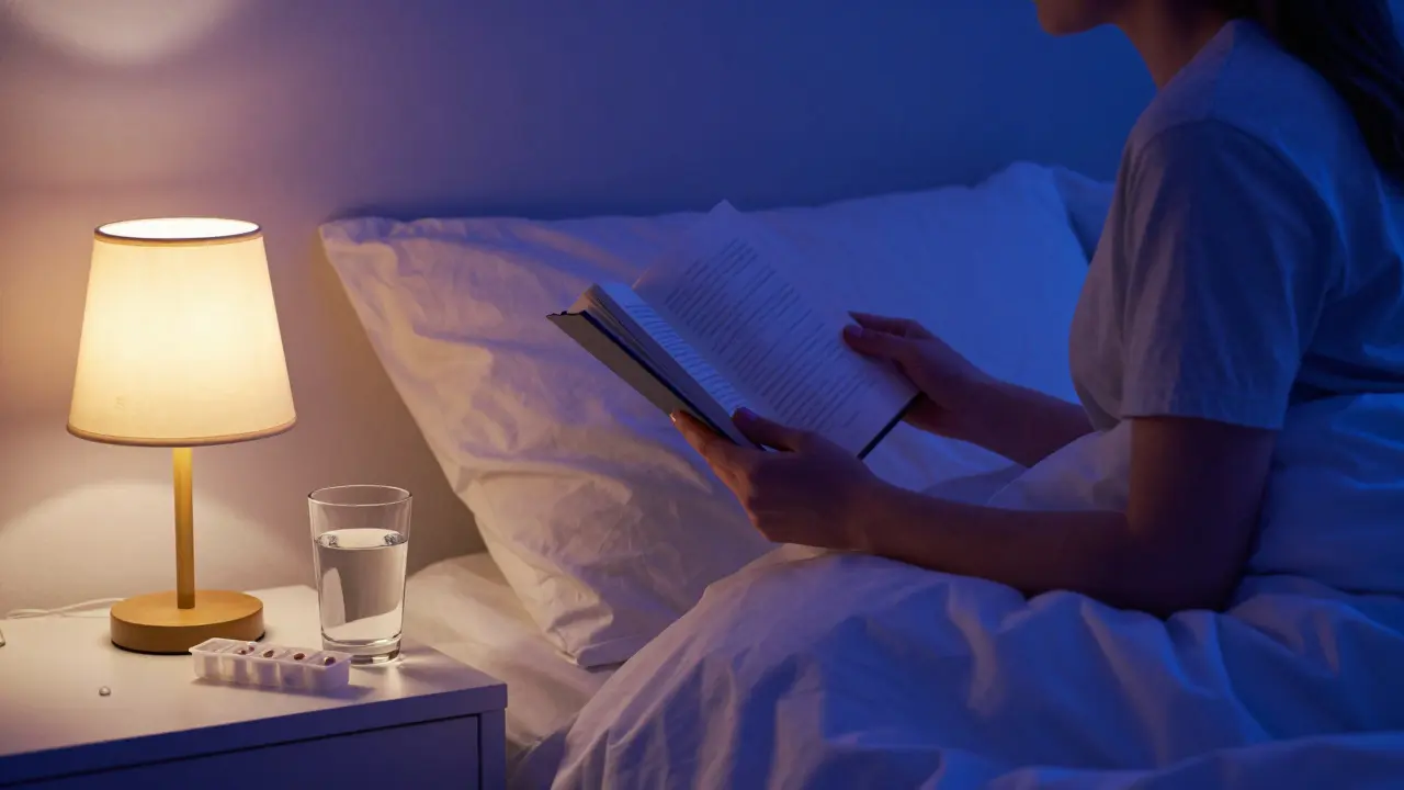 Person entspannt im Bett bei Lampenlicht vor dem Schlafengehen