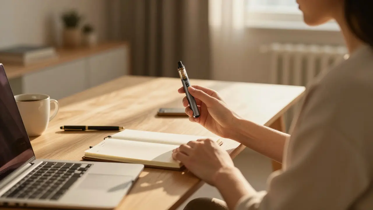 Person entspannt mit Vape-Pen und Notizbuch im sonnigen Wohnzimmer