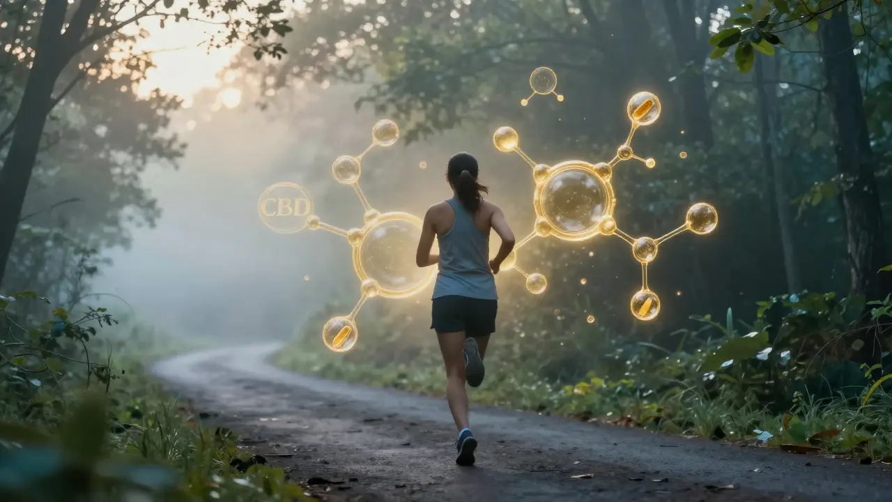 Person joggt im Wald bei Sonnenaufgang mit goldenen Molekül-Overlays