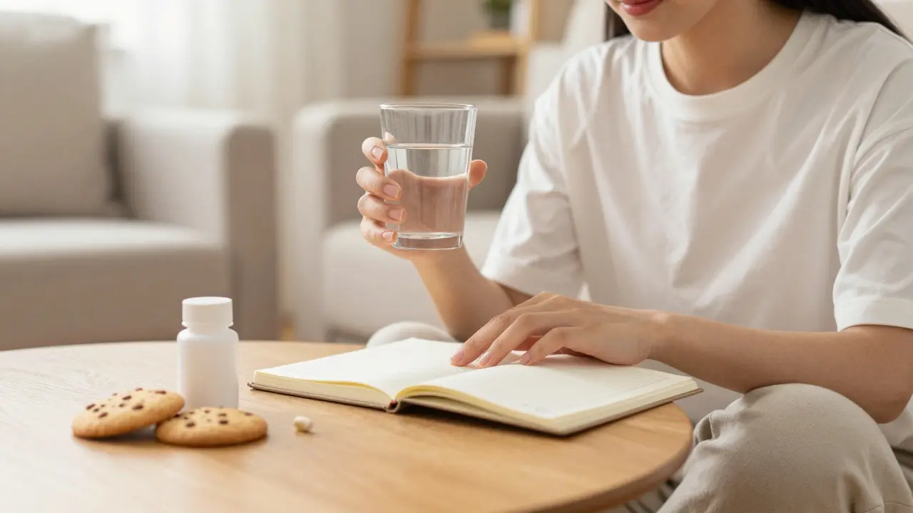Person mit Glas Wasser und Notizbuch, die über Gesundheit nachdenkt