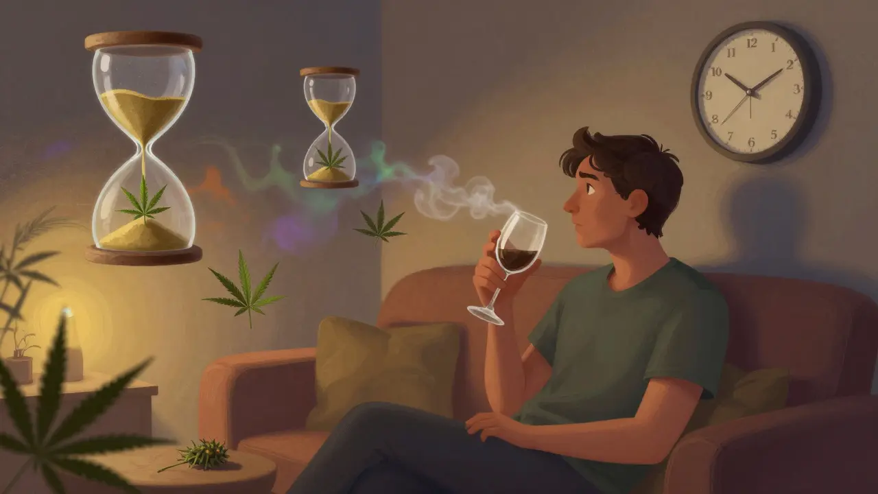 Person wartet auf die verzögerte Wirkung eines Cannabis-Weins im Wohnzimmer