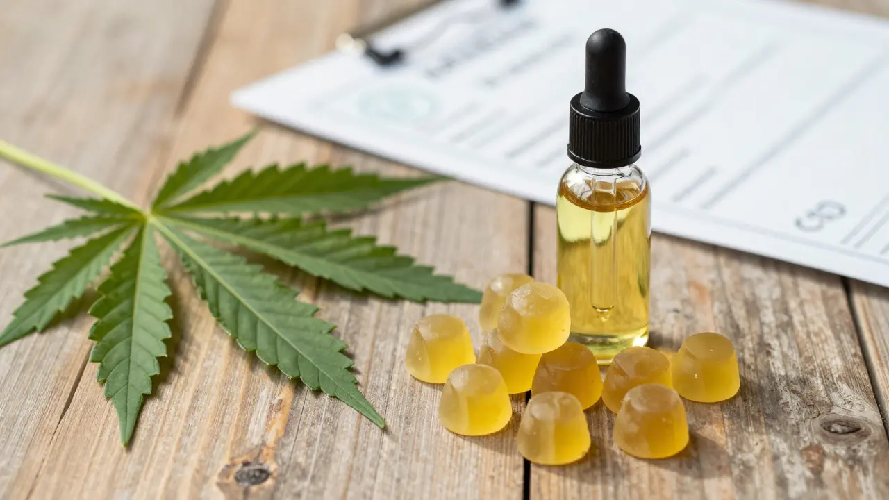 Premium CBD-Gummies und Hanfblätter auf Holzoberfläche mit Laborzertifikat