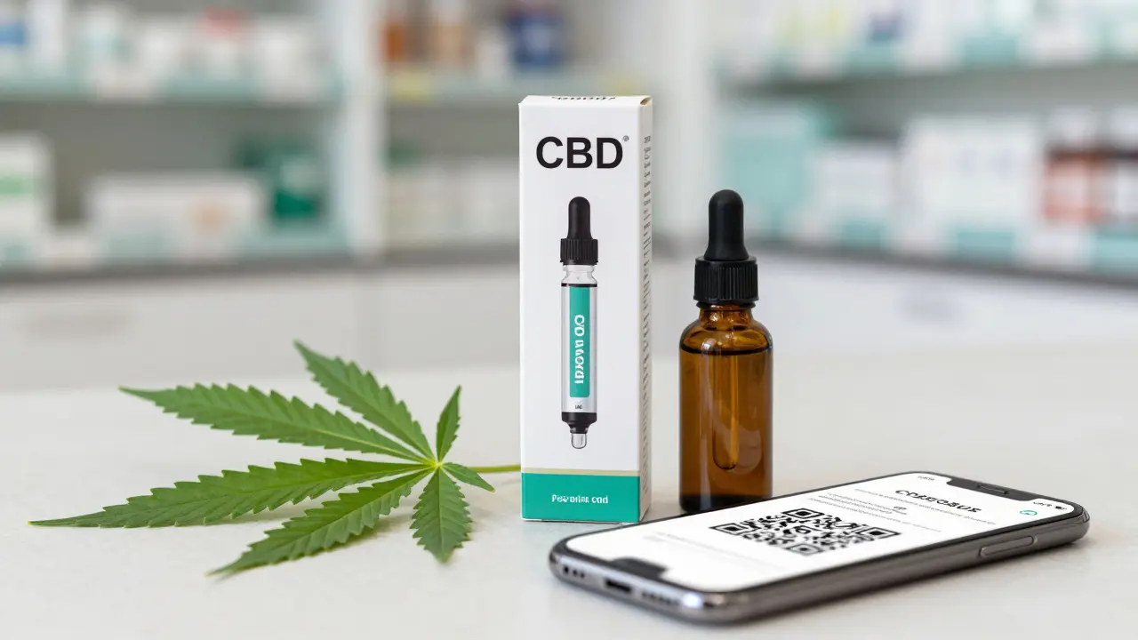 Premium-CBD-Verpackung mit Hanfblatt und QR-Code für Labortests