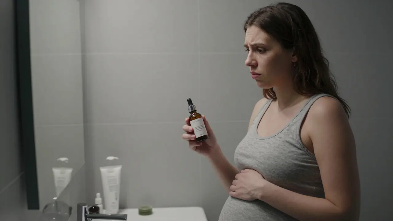 Schwangere Frau zögert bei der Verwendung von CBD-Kosmetik aus Vorsicht