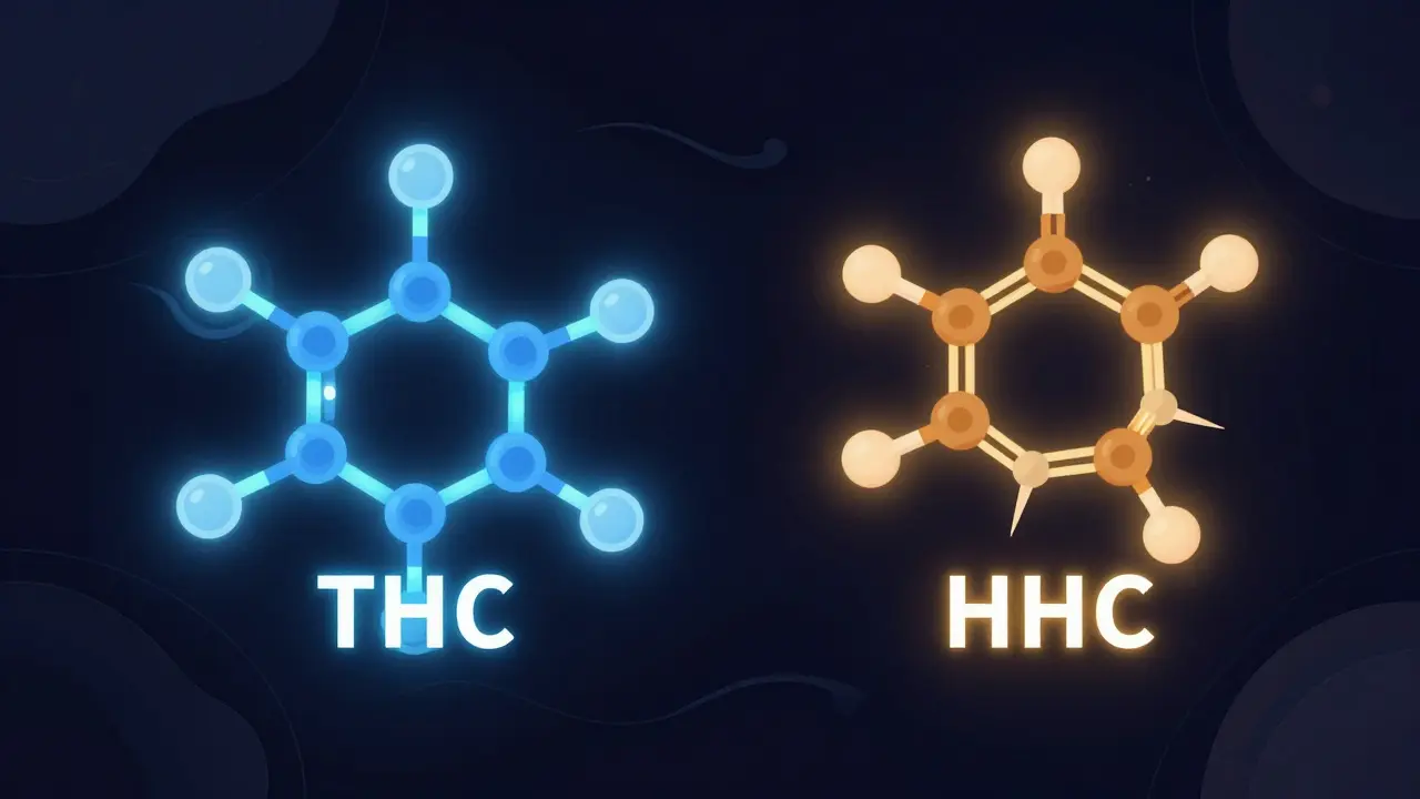 Vergleich der Molekülstrukturen von HHC und THC im digitalen Stil