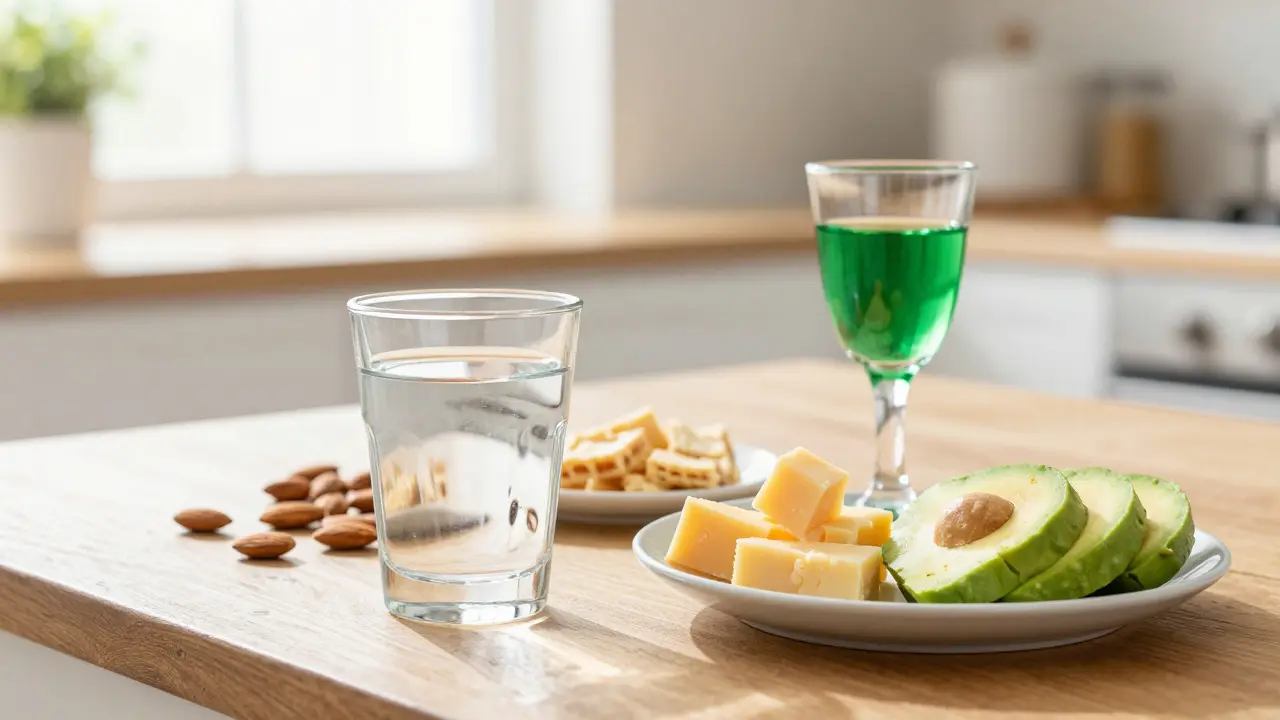 Wasser und gesunde Snacks als Schutz vor einem Absinth-Kater