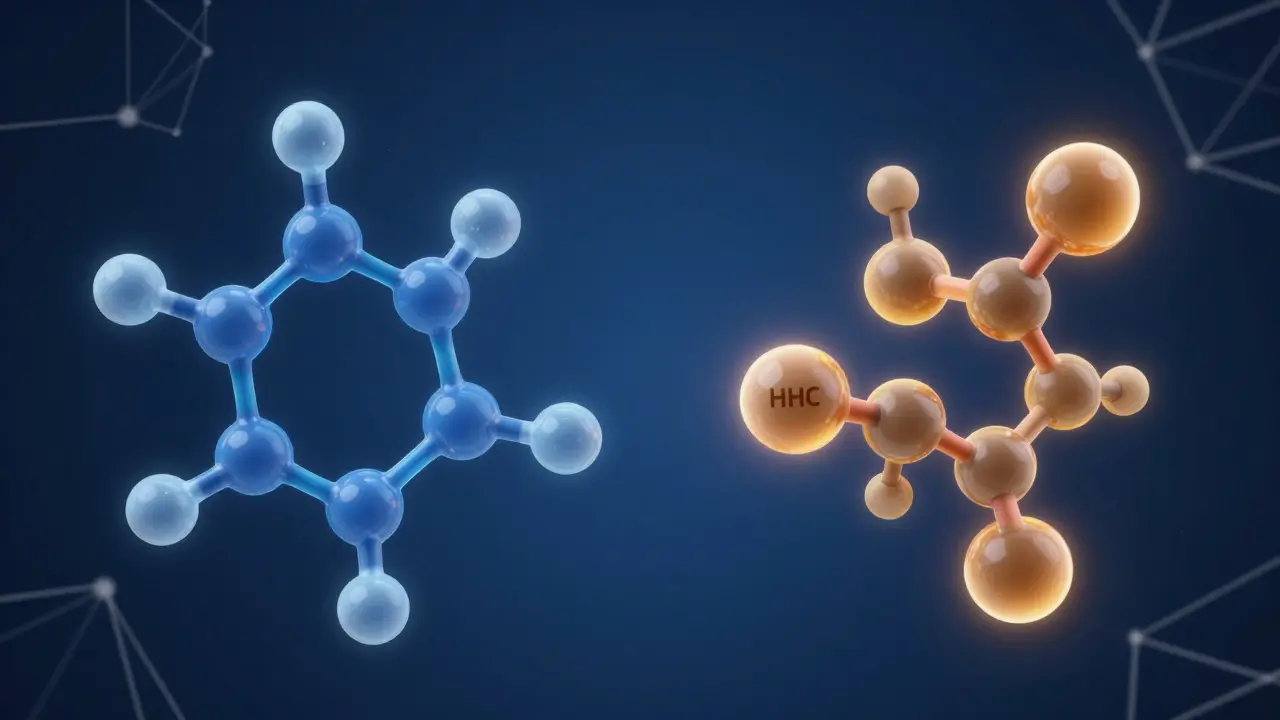 3D-Illustration der unterschiedlichen Wirkmechanismen von CBD und HHC