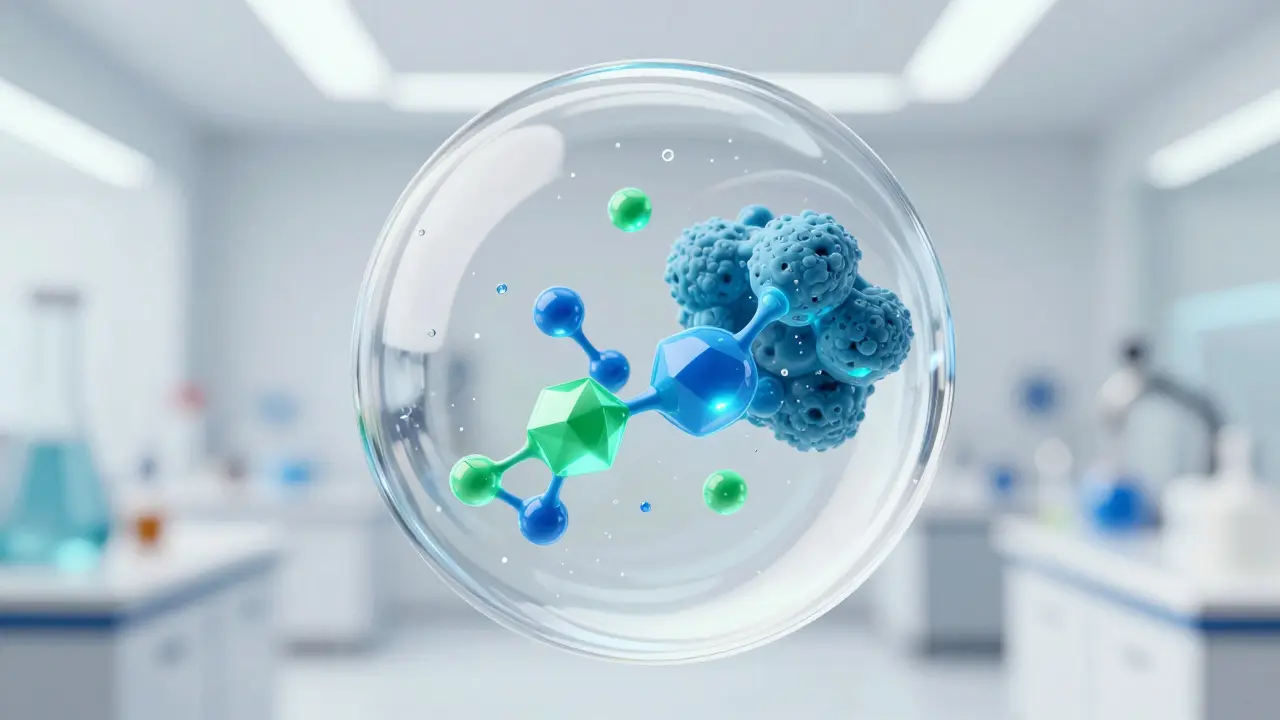 3D-Visualisierung von Cannabinoid-Molekülen in Flüssigkeit