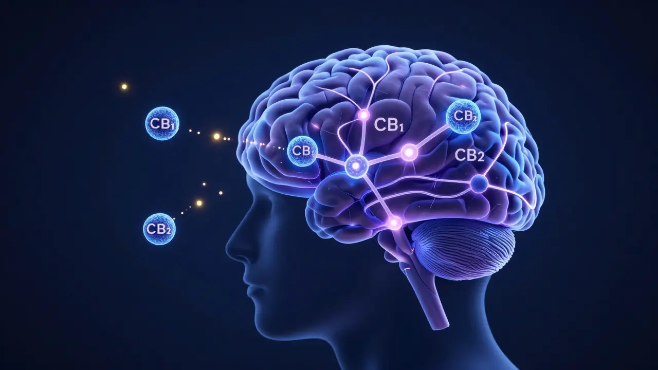 Abstrakte Darstellung des Endocannabinoid-Systems im Gehirn mit leuchtenden Rezeptoren