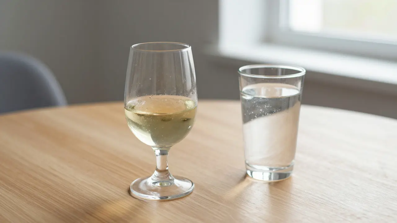 Ein halbes Glas Cannabis-Wein neben einem vollen Wasserglas auf dem Tisch.