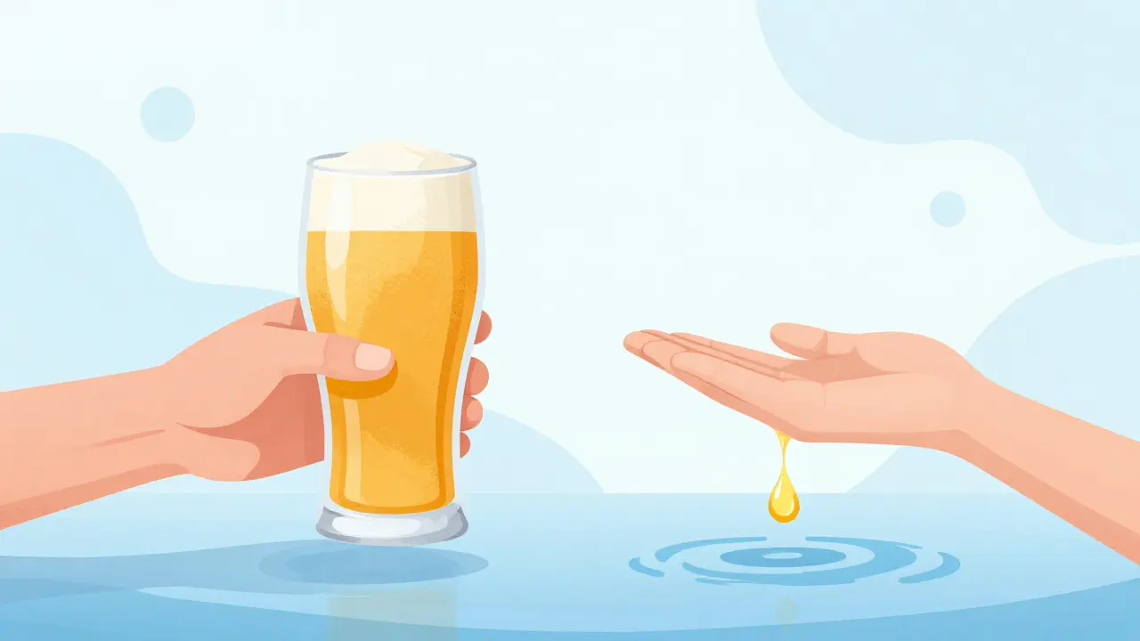 Eine Hand hält ein Bierglas neben einer Öltroppe, Symbol für Vorsicht