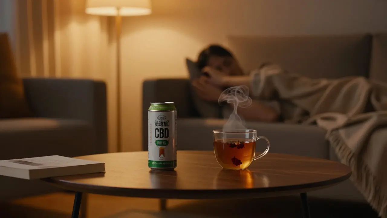 Entspannte Abendszene mit CBD-Getränk im Wohnzimmer