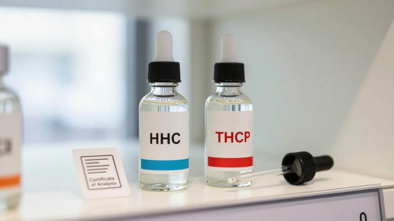 Flaschen mit HHC und THCP neben Laborbericht-Symbol
