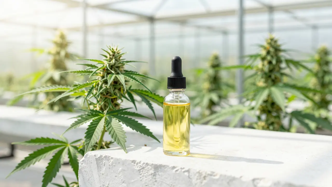 Frische Cannabispflanzen im Gewächshaus mit Extrakt-Fläschchen